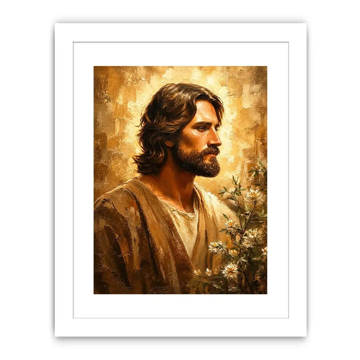 Golden haloed profile with olive branches