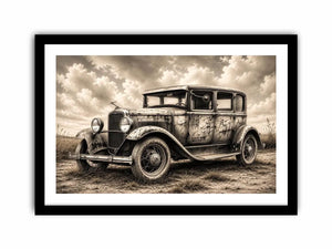 Vintage sedan in rural countryside scene