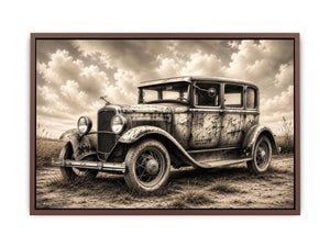 Vintage sedan in rural countryside scene