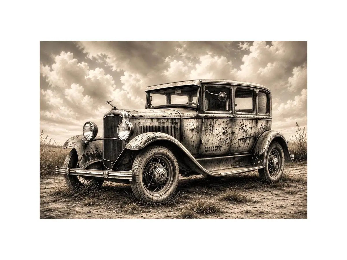 Vintage sedan in rural countryside scene