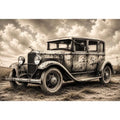 Vintage sedan in rural countryside scene