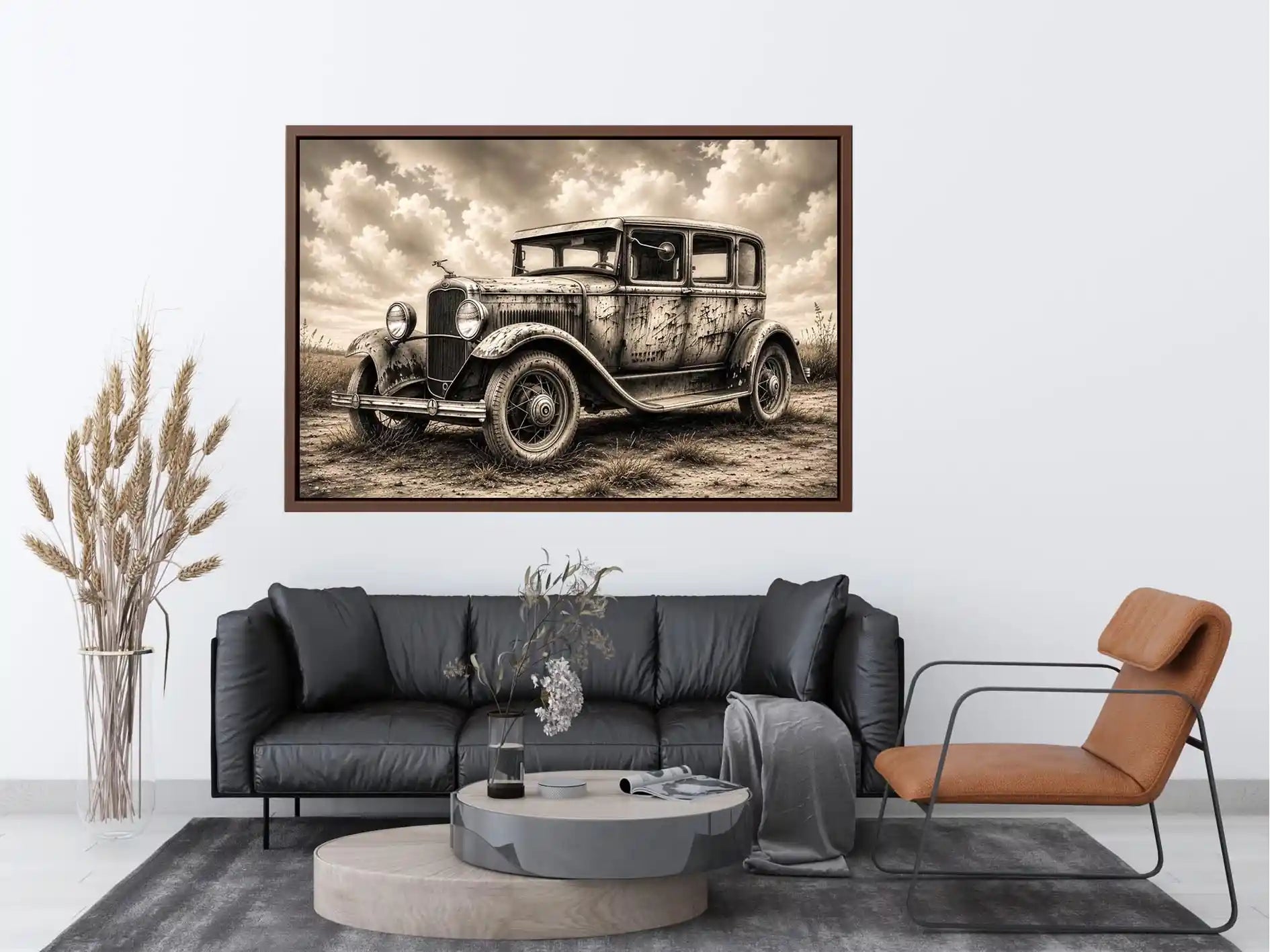Vintage sedan in rural countryside scene