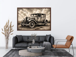 Vintage sedan in rural countryside scene