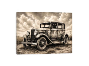 Vintage sedan in rural countryside scene