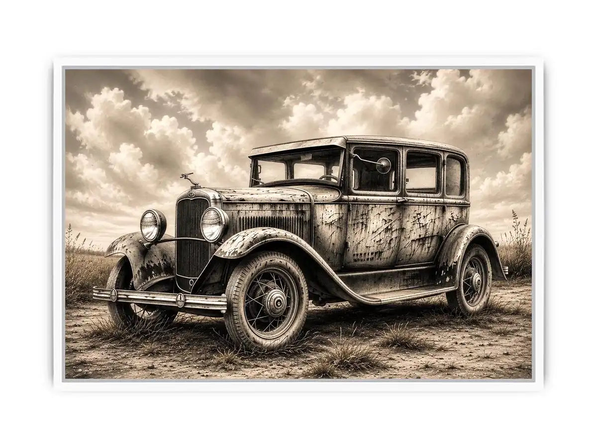 Vintage sedan in rural countryside scene