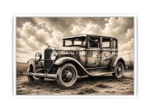 Vintage sedan in rural countryside scene
