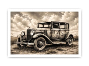 Vintage sedan in rural countryside scene