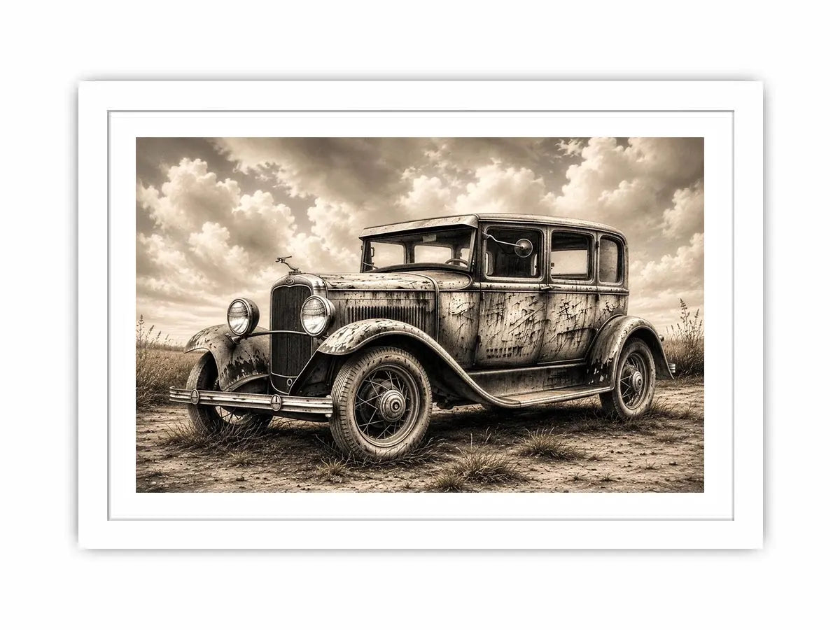 Vintage sedan in rural countryside scene