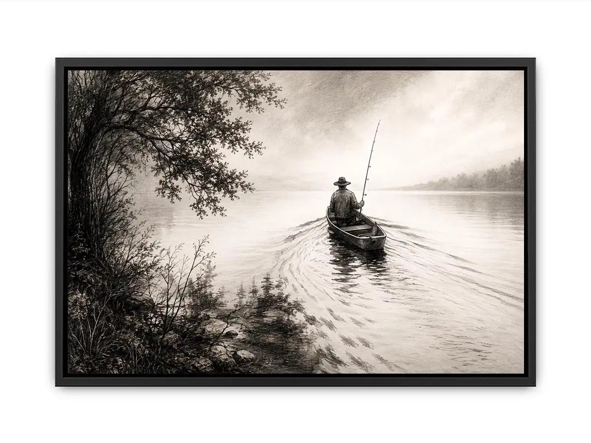 Misty lake with solitary fisherman