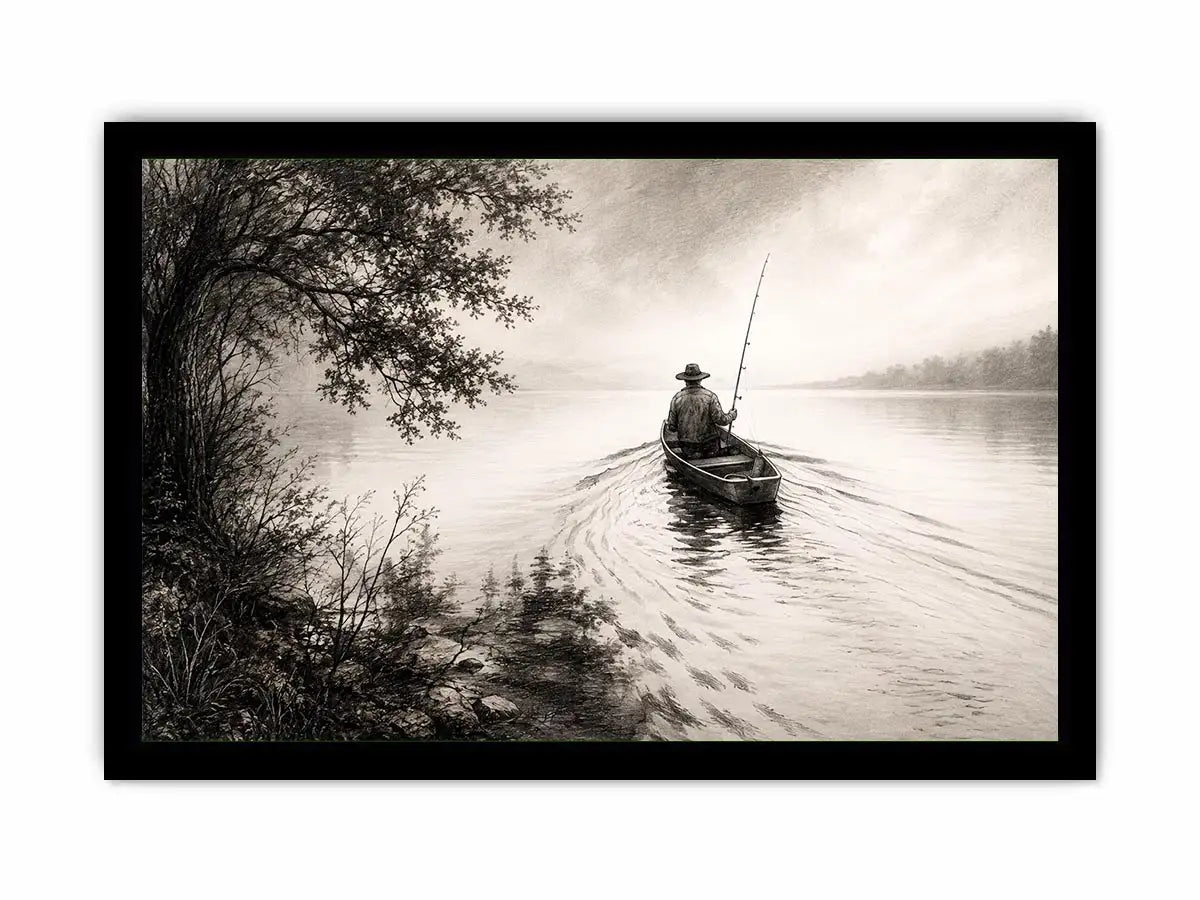 Misty lake with solitary fisherman