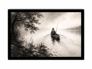 Misty lake with solitary fisherman