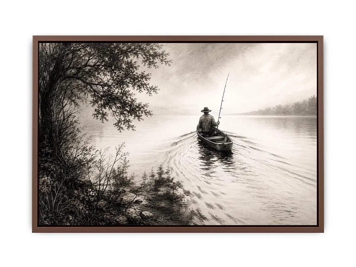 Misty lake with solitary fisherman
