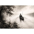 Misty lake with solitary fisherman