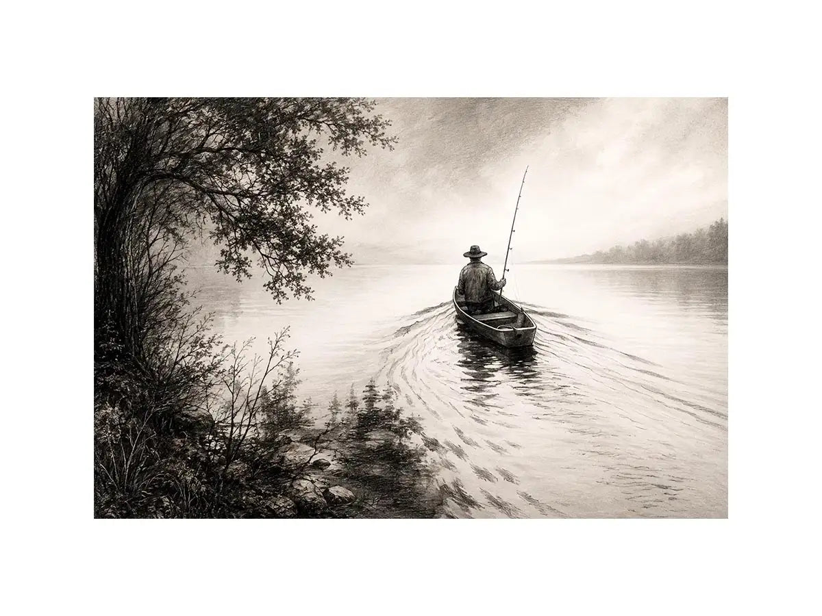Misty lake with solitary fisherman