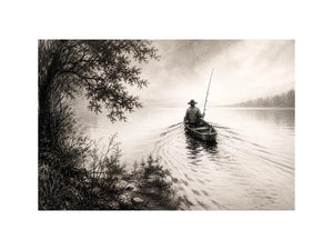 Misty lake with solitary fisherman