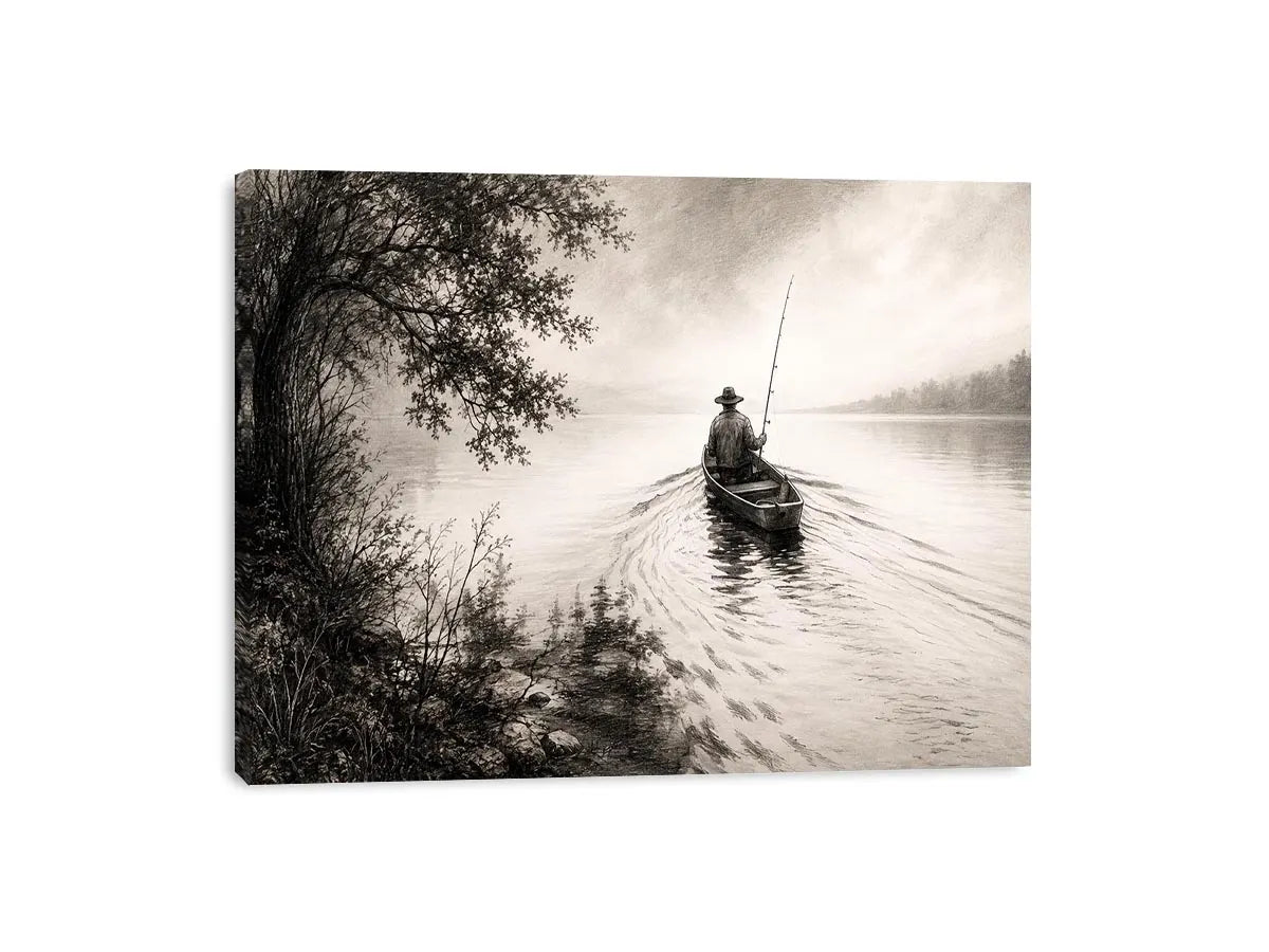Misty lake with solitary fisherman