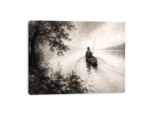 Misty lake with solitary fisherman