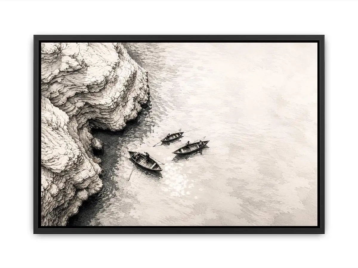 Serene coastal boats and cliffs