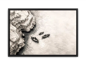 Serene coastal boats and cliffs