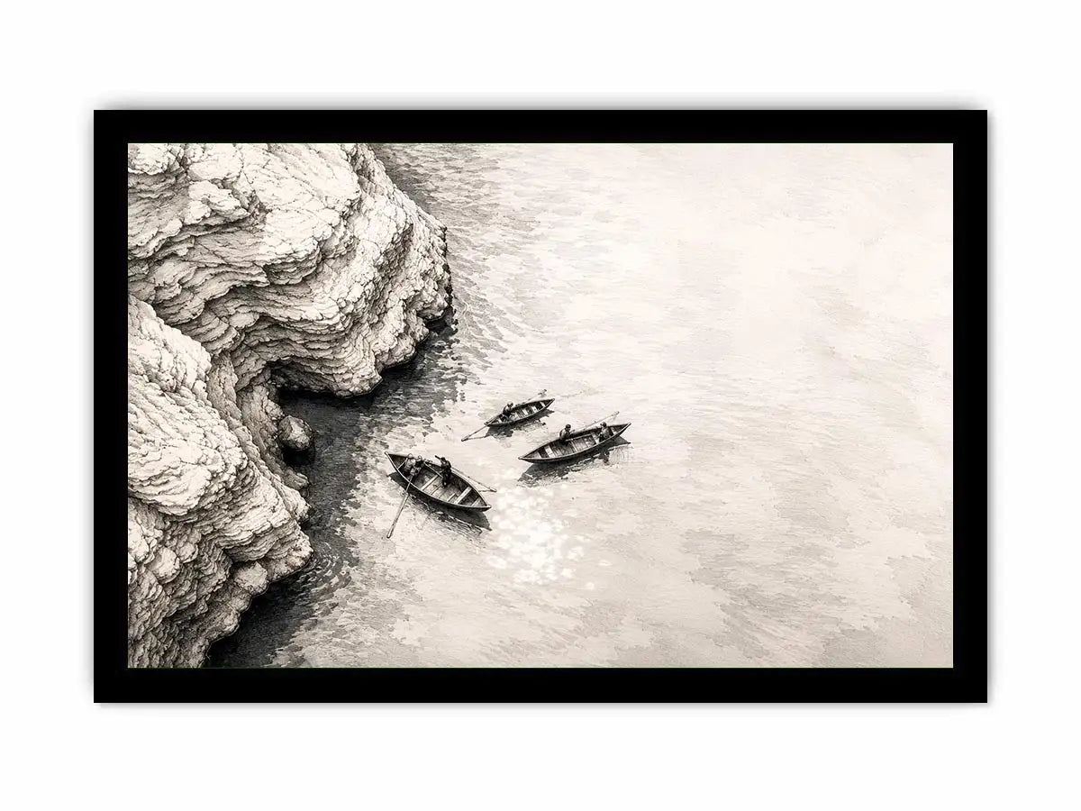 Serene coastal boats and cliffs