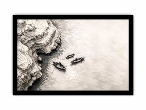 Serene coastal boats and cliffs