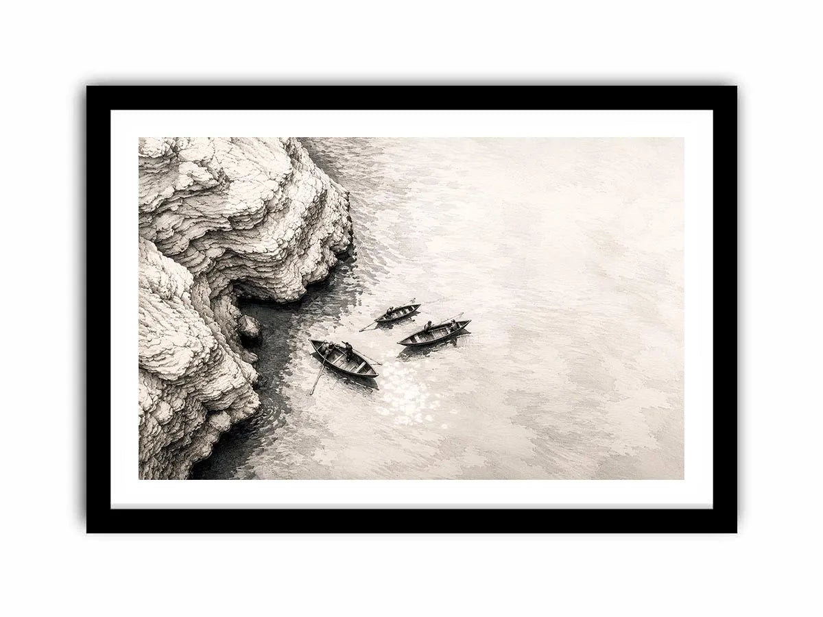 Serene coastal boats and cliffs