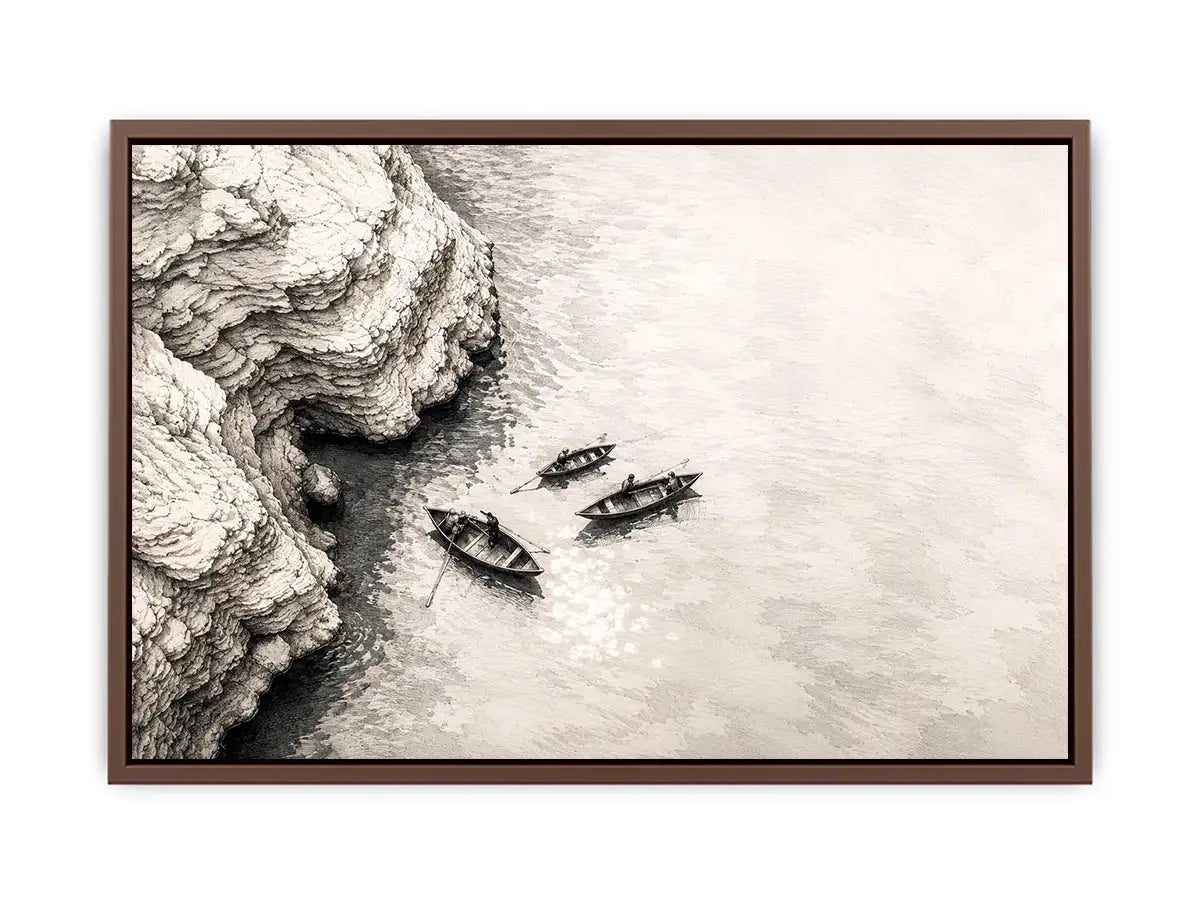 Serene coastal boats and cliffs