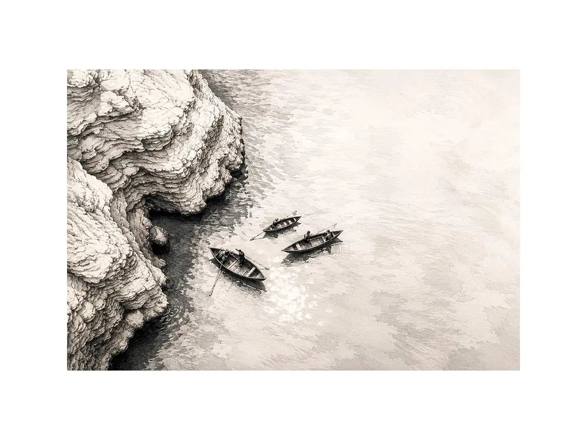 Serene coastal boats and cliffs