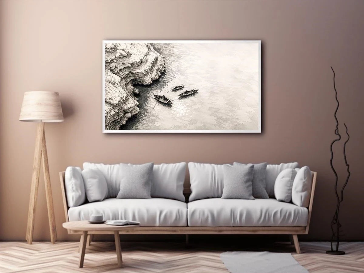 Serene coastal boats and cliffs
