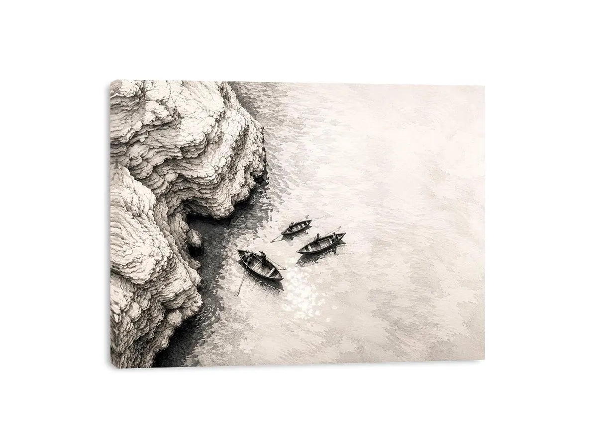Serene coastal boats and cliffs