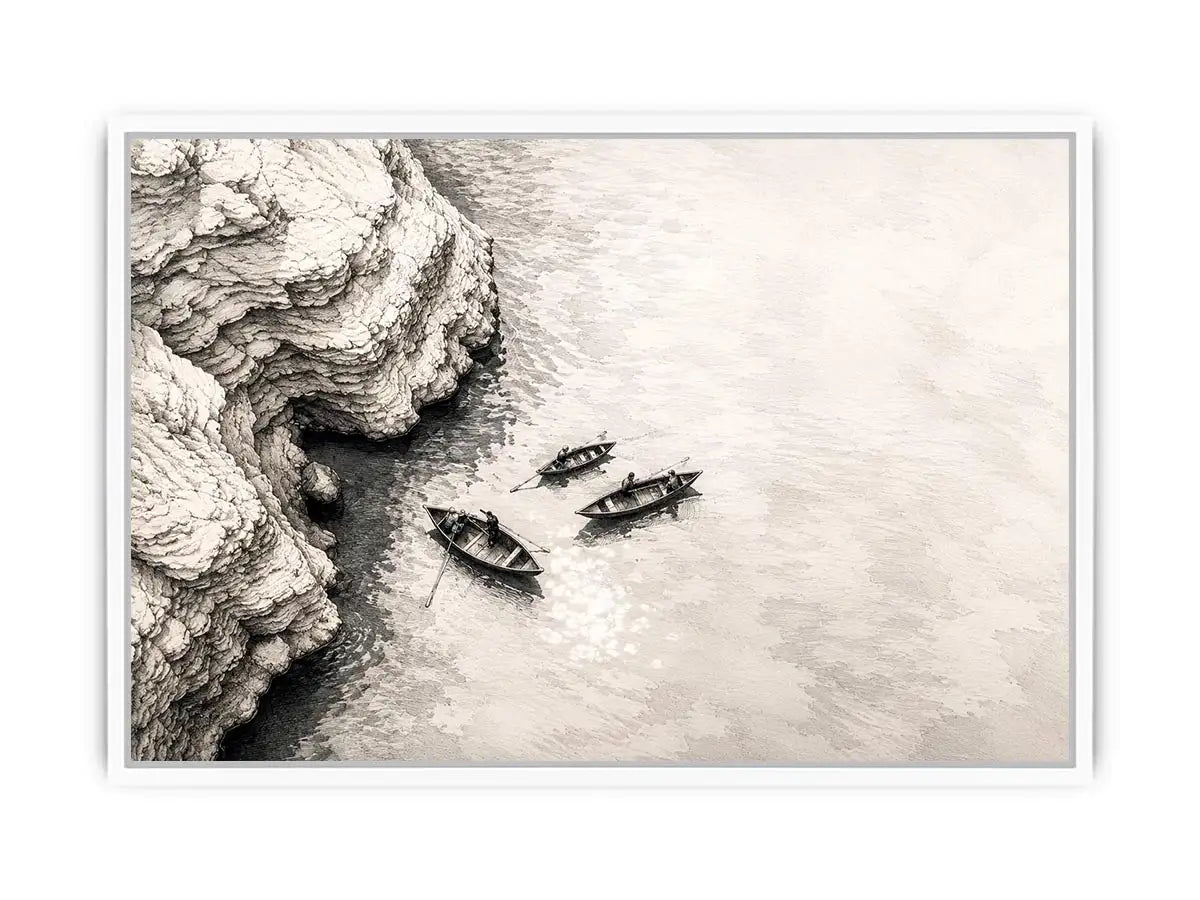 Serene coastal boats and cliffs