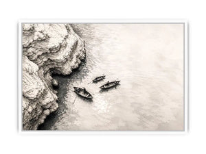 Serene coastal boats and cliffs
