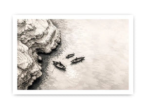 Serene coastal boats and cliffs
