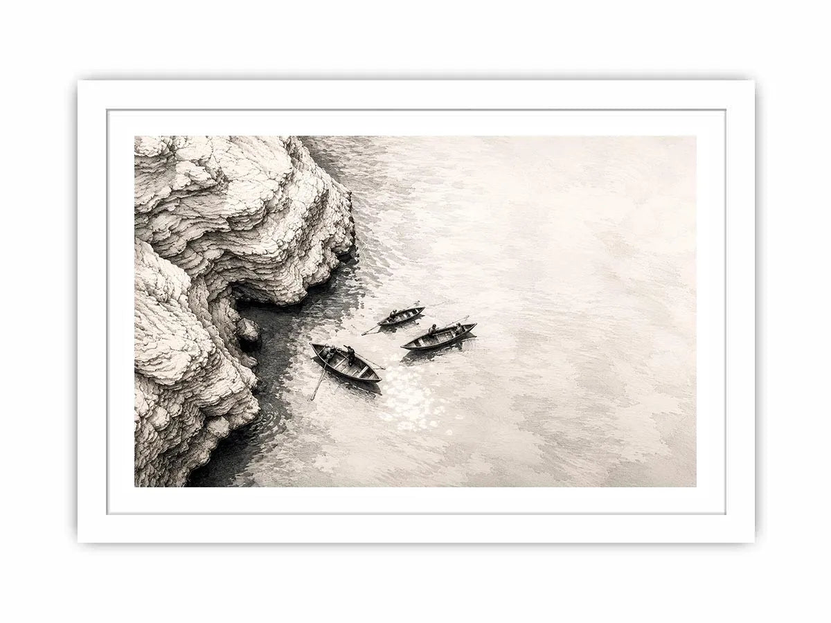 Serene coastal boats and cliffs