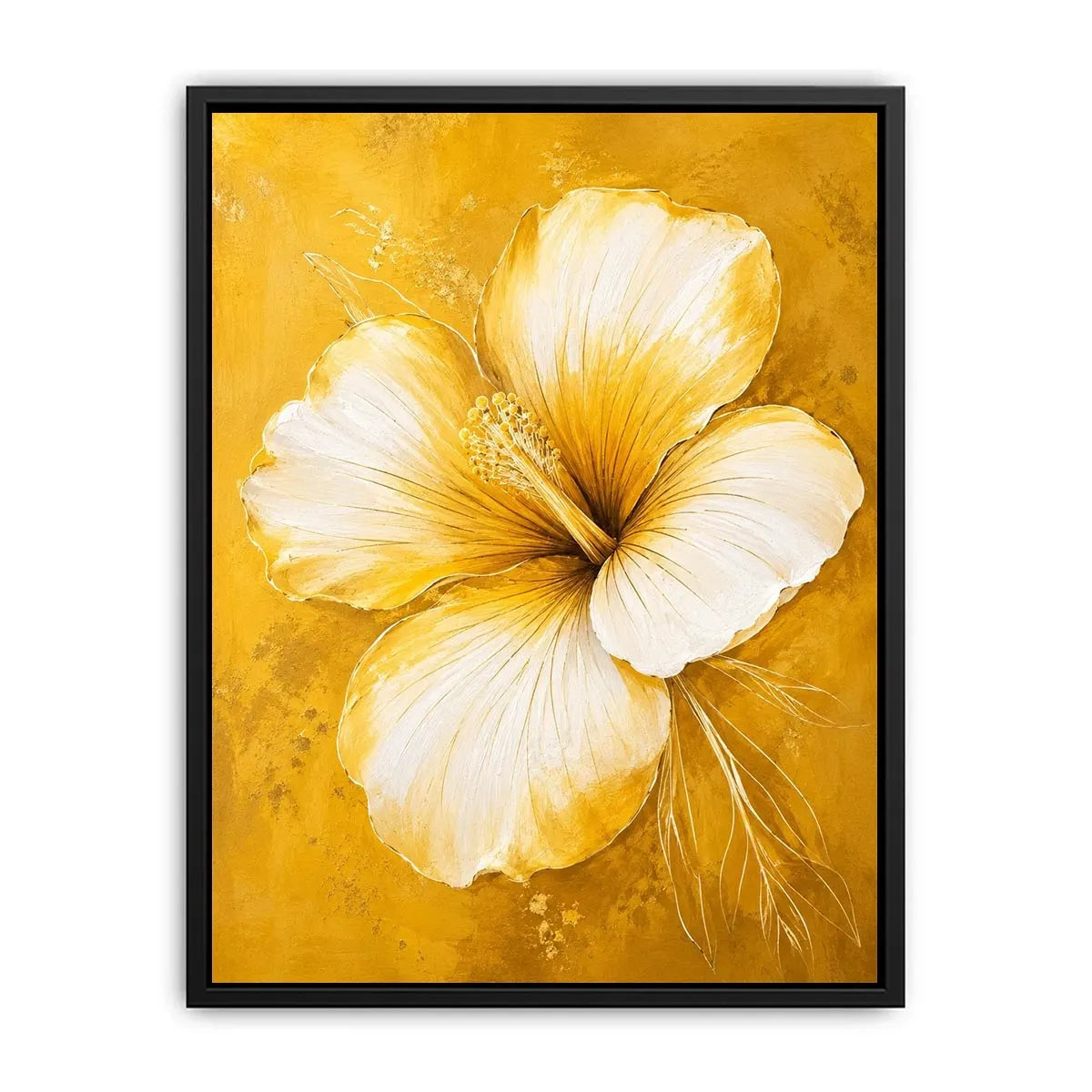 Golden hibiscus blossom on textured gold background