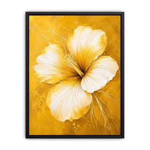 Golden hibiscus blossom on textured gold background