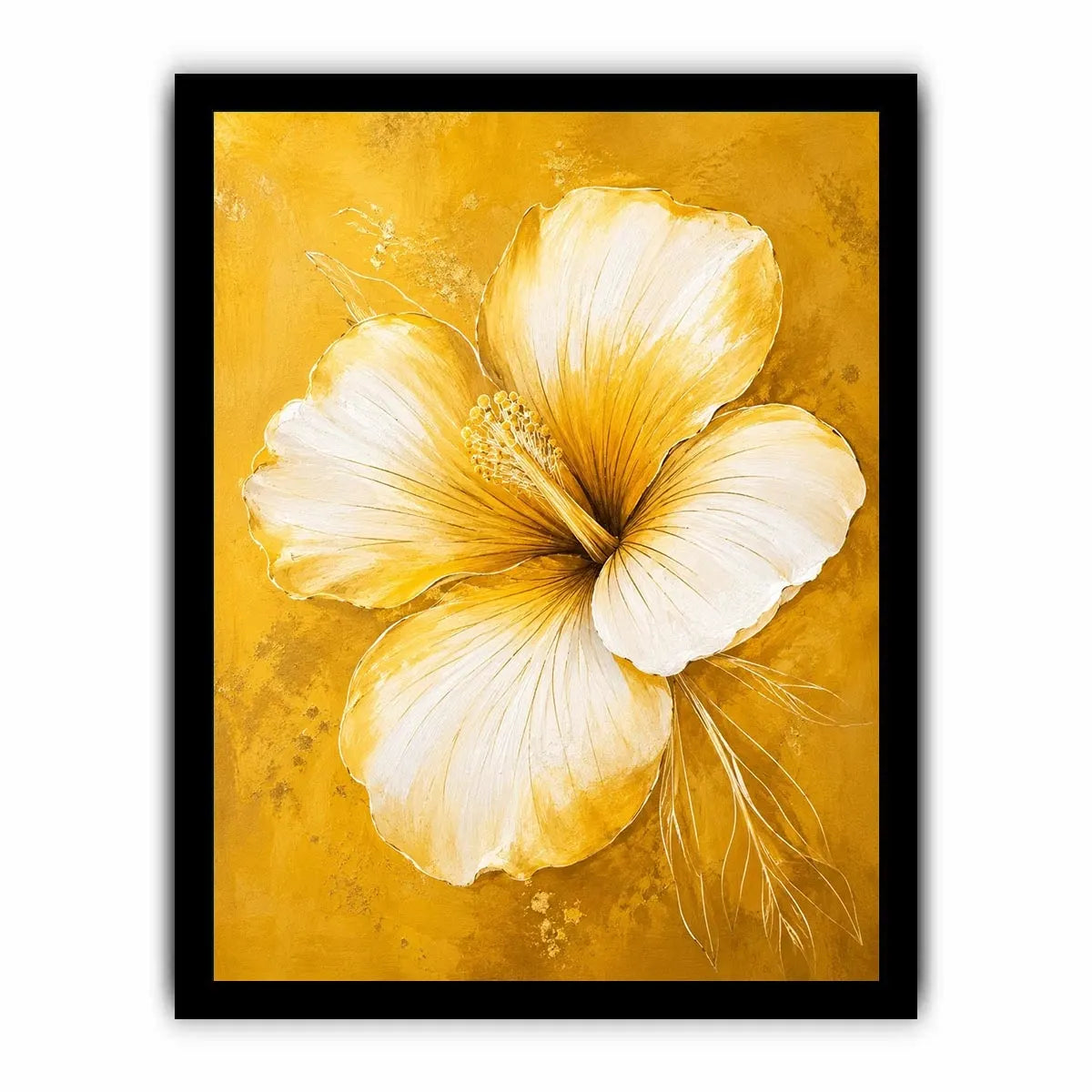 Golden hibiscus blossom on textured gold background