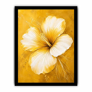 Golden hibiscus blossom on textured gold background