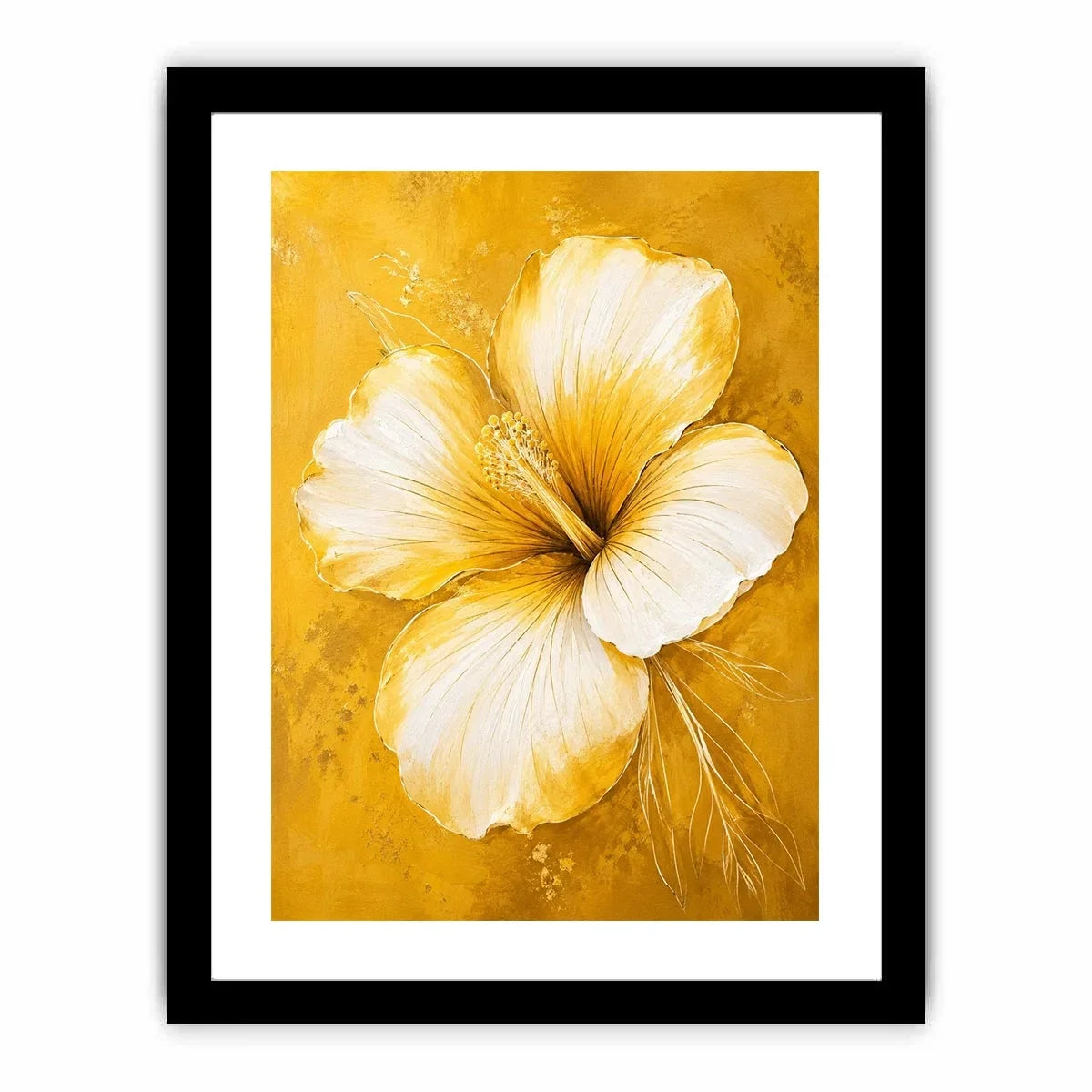 Golden hibiscus blossom on textured gold background