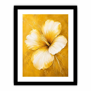 Golden hibiscus blossom on textured gold background