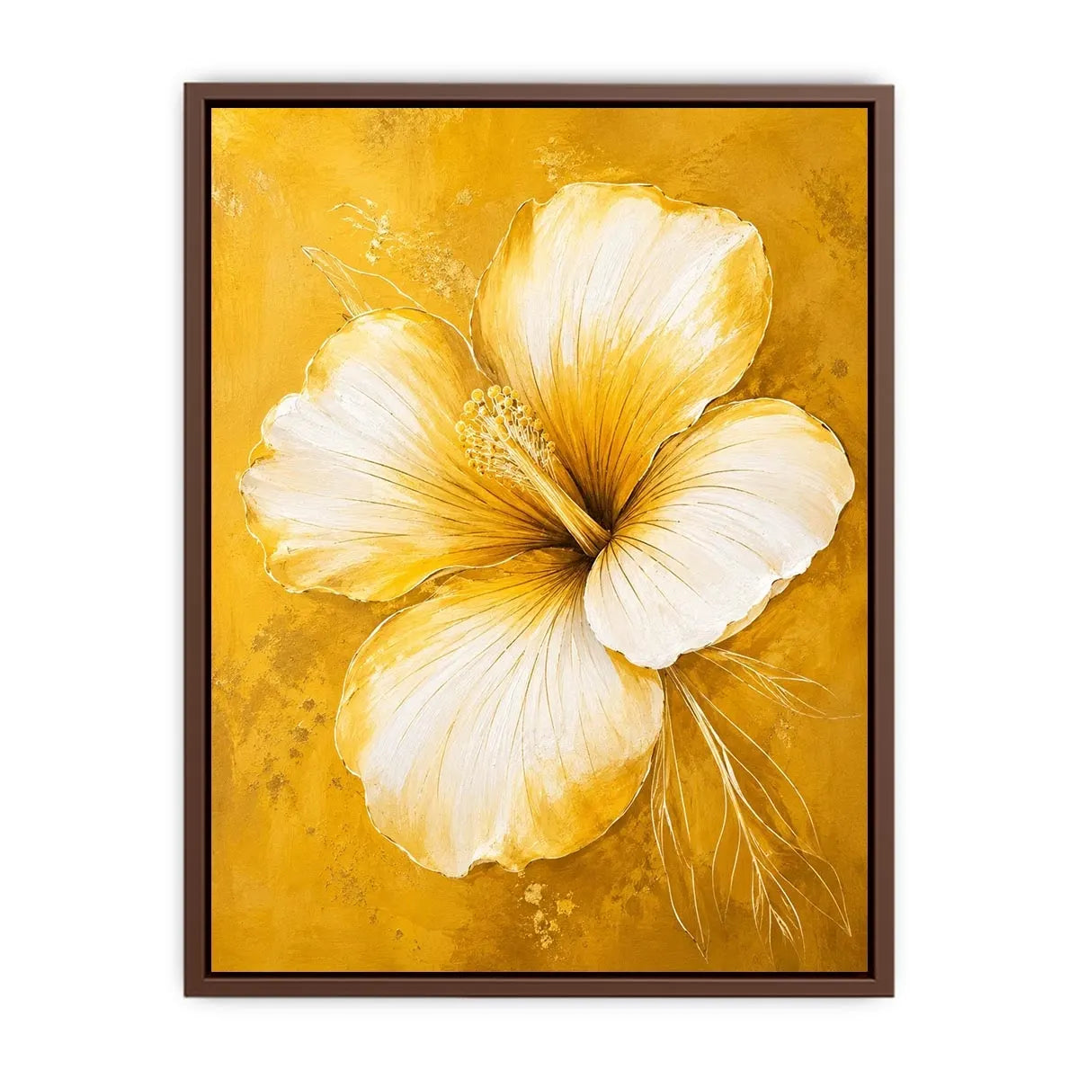 Golden hibiscus blossom on textured gold background