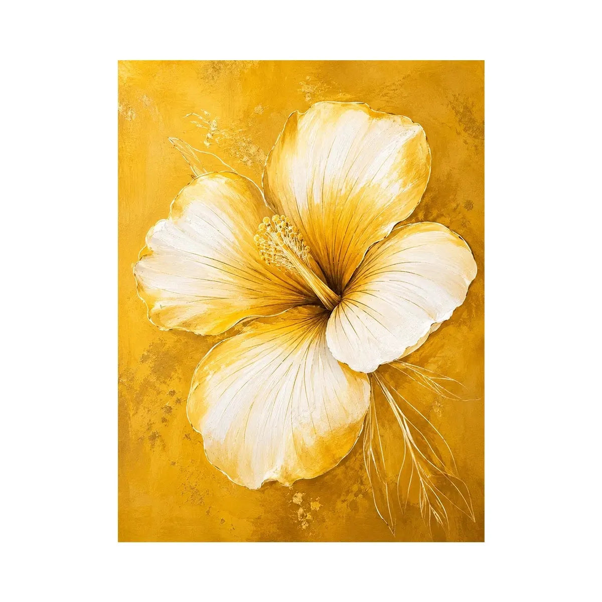 Golden hibiscus blossom on textured gold background
