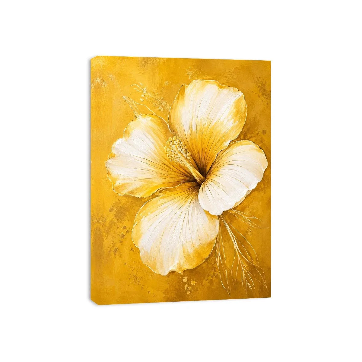 Golden hibiscus blossom on textured gold background