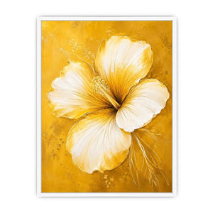 Golden hibiscus blossom on textured gold background