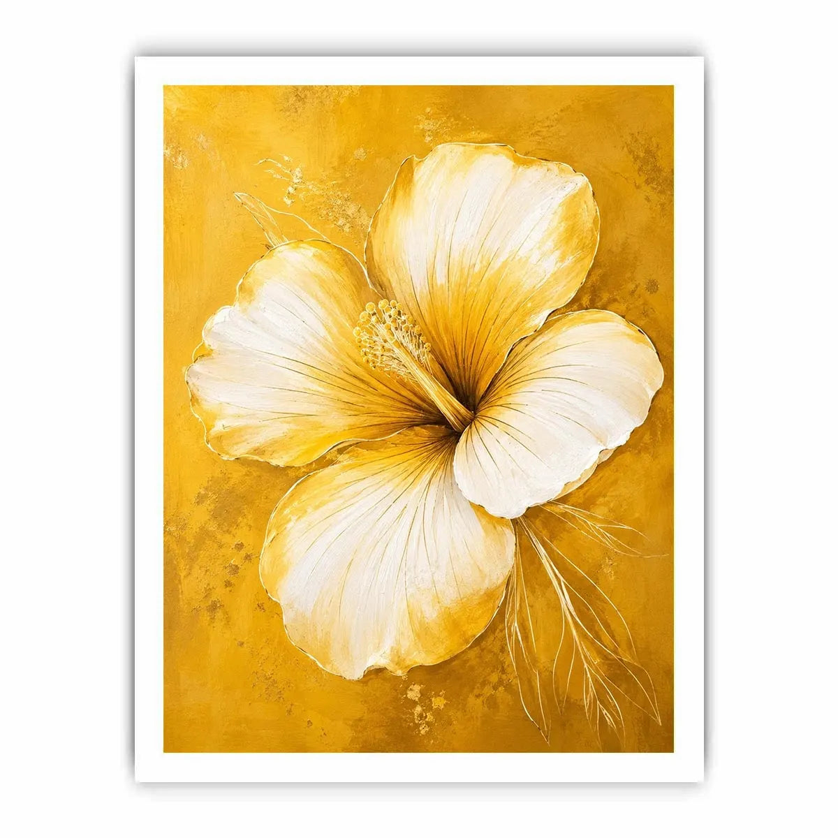 Golden hibiscus blossom on textured gold background