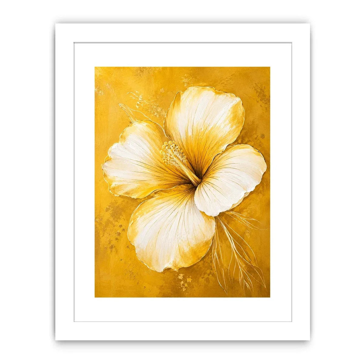 Golden hibiscus blossom on textured gold background