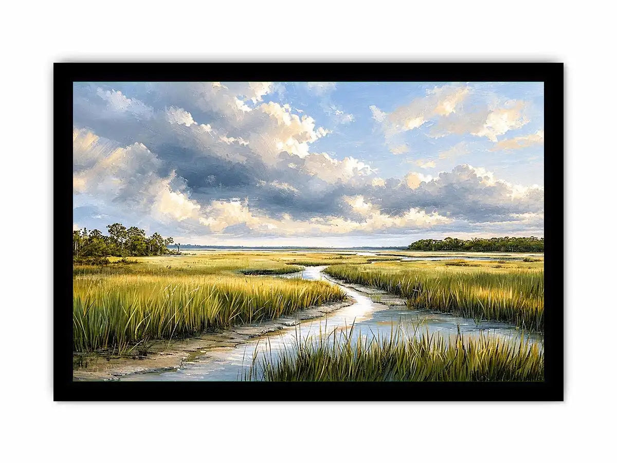Serene marshland under stormy skies