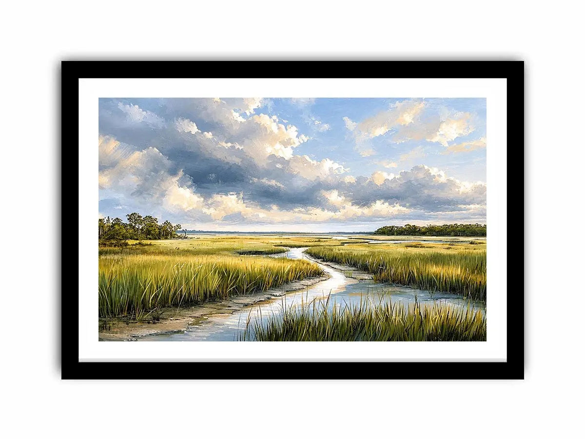 Serene marshland under stormy skies
