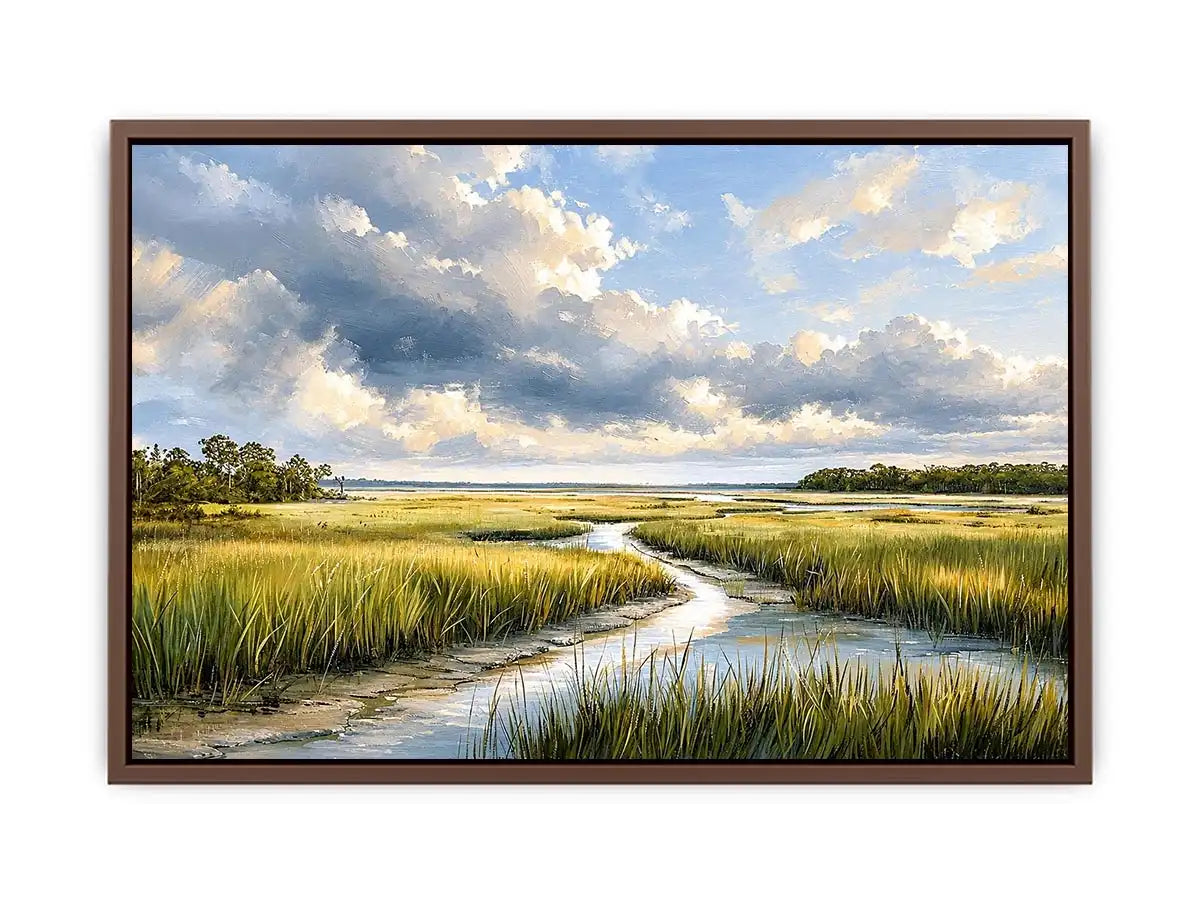 Serene marshland under stormy skies
