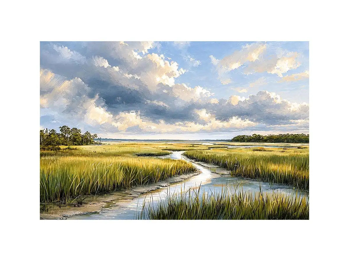 Serene marshland under stormy skies